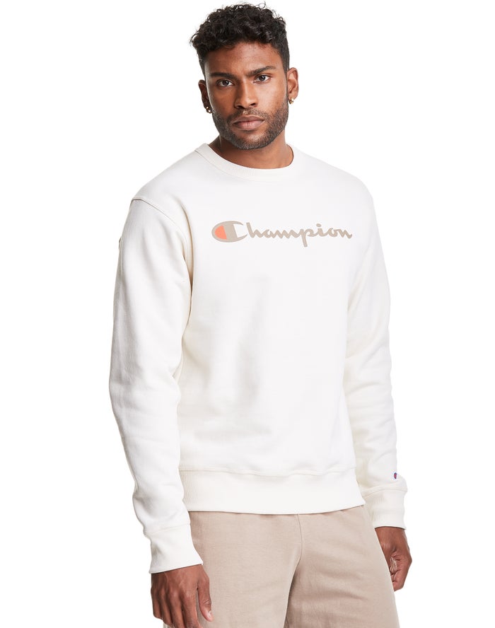 Champion Mens Sweatshirt NZ - Powerblend Fleece Crew Script Logo White ( 8491-PKJMR )